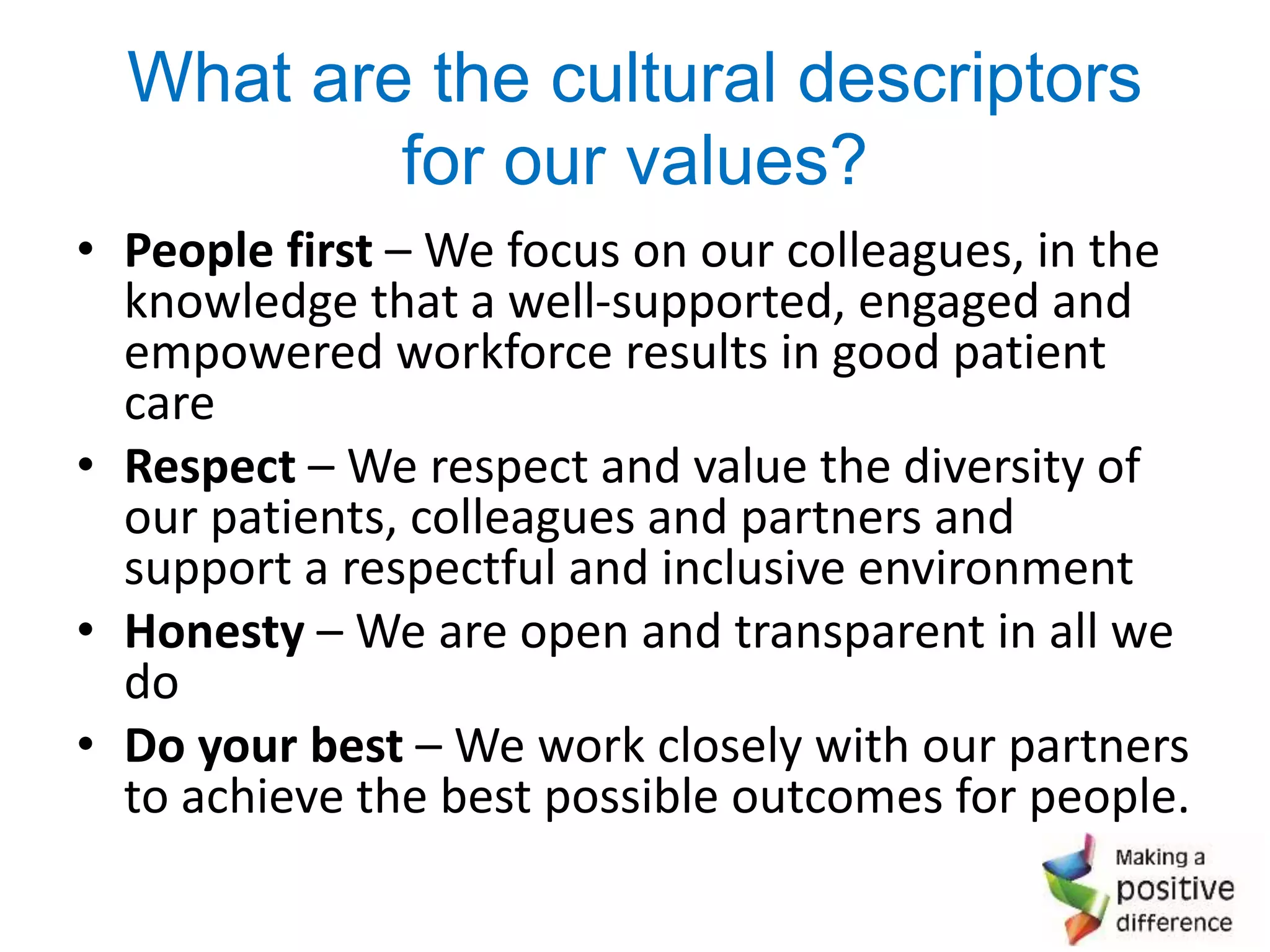 What are the cultural descriptors
for our values?
• People first – We focus on our colleagues, in the
knowledge that a well-supported, engaged and
empowered workforce results in good patient
care
• Respect – We respect and value the diversity of
our patients, colleagues and partners and
support a respectful and inclusive environment
• Honesty – We are open and transparent in all we
do
• Do your best – We work closely with our partners
to achieve the best possible outcomes for people.
 