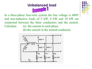 Unbalanced load
In a three-phase four-wire system the line voltage is 400V
and non-inductive loads of 5 kW, 8 kW and 10 kW are
connected between the three conductors and the neutral.
Calculate: (a) the current in each phase
(b) the current in the neutral conductor.
 