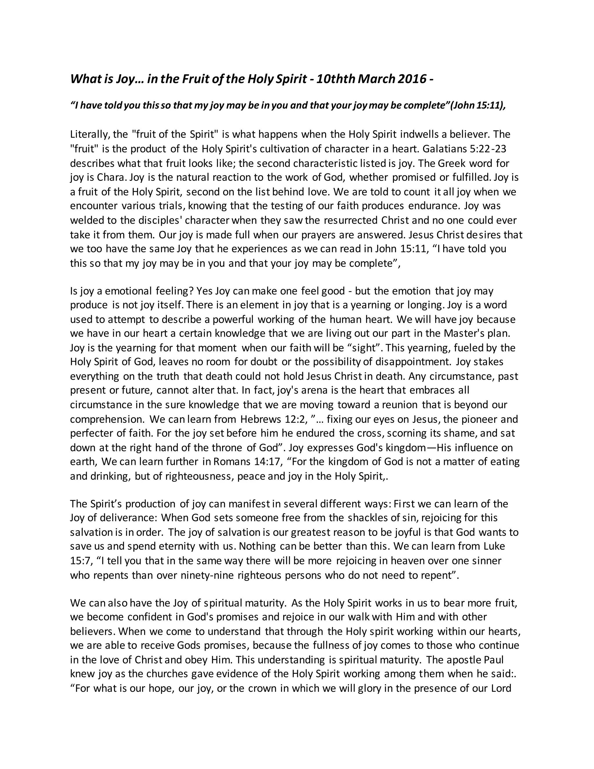 10thth march 2016 what is joy in the fruit of the holy spirit | PDF