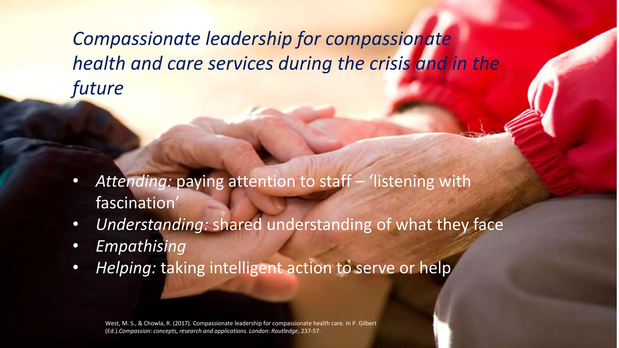 Compassion
19
Compassionate leadership for compassionate
health and care services during the crisis and in the
future
• Attending: paying attention to staff – ‘listening with
fascination’
• Understanding: shared understanding of what they face
• Empathising
• Helping: taking intelligent action to serve or help
West, M. S., & Chowla, R. (2017). Compassionate leadership for compassionate health care. In P. Gilbert
(Ed.).Compassion: concepts, research and applications. London: Routledge, 237-57.
 