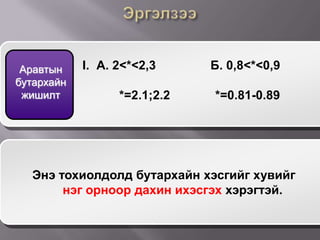 Аравтын    I. А. 2<*<2,3     Б. 0,8<*<0,9
бутархайн
 жишилт           *=2.1;2.2   *=0.81-0.89




  Энэ тохиолдолд бутархайн хэсгийг хувийг
       нэг орноор дахин ихэсгэх хэрэгтэй.
 