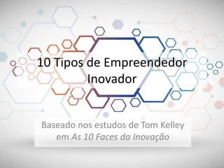 10 Tipos de Empreendedor
Inovador
Baseado nos estudos de Tom Kelley
em As 10 Faces da Inovação
 