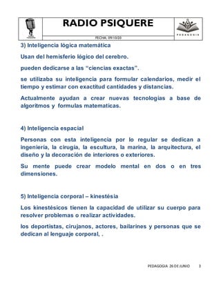 RADIO PSIQUERE
FECHA: 09/10/20
PEDAGOGIA 26 DE JUNIO 3
3) Inteligencia lógica matemática
Usan del hemisferio lógico del cerebro.
pueden dedicarse a las “ciencias exactas”.
se utilizaba su inteligencia para formular calendarios, medir el
tiempo y estimar con exactitud cantidades y distancias.
Actualmente ayudan a crear nuevas tecnologías a base de
algoritmos y formulas matematicas.
4) Inteligencia espacial
Personas con esta inteligencia por lo regular se dedican a
ingeniería, la cirugía, la escultura, la marina, la arquitectura, el
diseño y la decoración de interiores o exteriores.
Su mente puede crear modelo mental en dos o en tres
dimensiones.
5) Inteligencia corporal – kinestésia
Los kinestésicos tienen la capacidad de utilizar su cuerpo para
resolver problemas o realizar actividades.
los deportistas, cirujanos, actores, bailarines y personas que se
dedican al lenguaje corporal, .
 