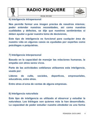 RADIO PSIQUERE
FECHA: 09/10/20
PEDAGOGIA 26 DE JUNIO 4
6) Inteligencia intrapersonal
Nos permite formar una imagen precisa de nosotros mismos;
poder entender nuestras necesidades, así como nuestras
cualidades y defectos, se dijo que nuestros sentimientos si
deben ayudar a guiar nuestra toma de decisiones,
Este tipo de inteligencia es funcional para cualquier área de
nuestra vida en algunos casos es ayudadas por expertos como
psicólogos o psiquiatras.
7) Inteligencia interpersonal
Basada en la capacidad de manejar las relaciones humanas, la
empatía con otros seres vivos.
Parte de las actividades cotidianas utilizamos esta inteligencia,
usada por:
Líderes de culto, sociales, deportivos, empresariales,
educativos, entre otros.
Entre otras el area de ventas de alguna empresas.
8) Inteligencia naturalista
Este tipo de inteligencia es utilizado al observar y estudiar la
naturaleza. Los biólogos son quienes más la han desarrollado.
La capacidad de poder estudiar nuestro alrededor es una forma
 