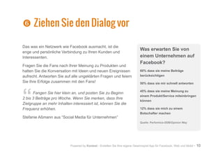Powered by Kontest - Erstellen Sie Ihre eigene Gewinnspiel App für Facebook, Web und Mobil - 10
]
] Ziehen Sie den Dialog vor
Das was ein Netzwerk wie Facebook ausmacht, ist die
enge und persönliche Verbindung zu Ihren Kunden und
Interessenten.
Fragen Sie die Fans nach Ihrer Meinung zu Produkten und
halten Sie die Konversation mit Ideen und neuen Ereignissen
aufrecht. Antworten Sie auf alle ungeklärten Fragen und feiern
Sie Ihre Erfolge zusammen mit den Fans!
“Fangen Sie hier klein an, und posten Sie zu Beginn
2 bis 3 Beiträge pro Woche. Wenn Sie merken, dass Ihre
Zielgruppe an mehr Inhalten interessiert ist, können Sie die
Frequenz erhöhen.
Stefanie Aßmann aus “Social Media für Unternehmen”
Was erwarten Sie von
einem Unternehmen auf
Facebook?
60% dass sie meine Beiträge
berücksichtigen
50% dass sie mir schnell antworten
45% dass sie meine Meinung zu
einem Produkt/Service miteinbringen
können
12% dass sie mich zu einem
Botschafter machen
Quelle: Performics-DDB/Opinion Way
 