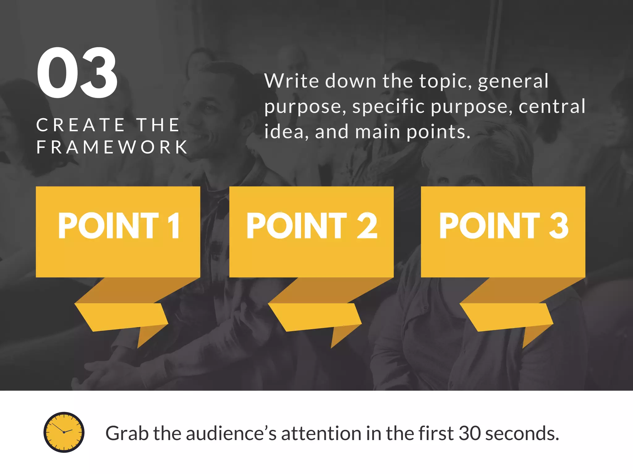 Write down the topic, general
purpose, specific purpose, central
idea, and main points.
POINT 1 POINT 2 POINT 3
03
C R E A T E T H E
F R A M E W O R K
Grab the audience’s attention in the first 30 seconds.
 