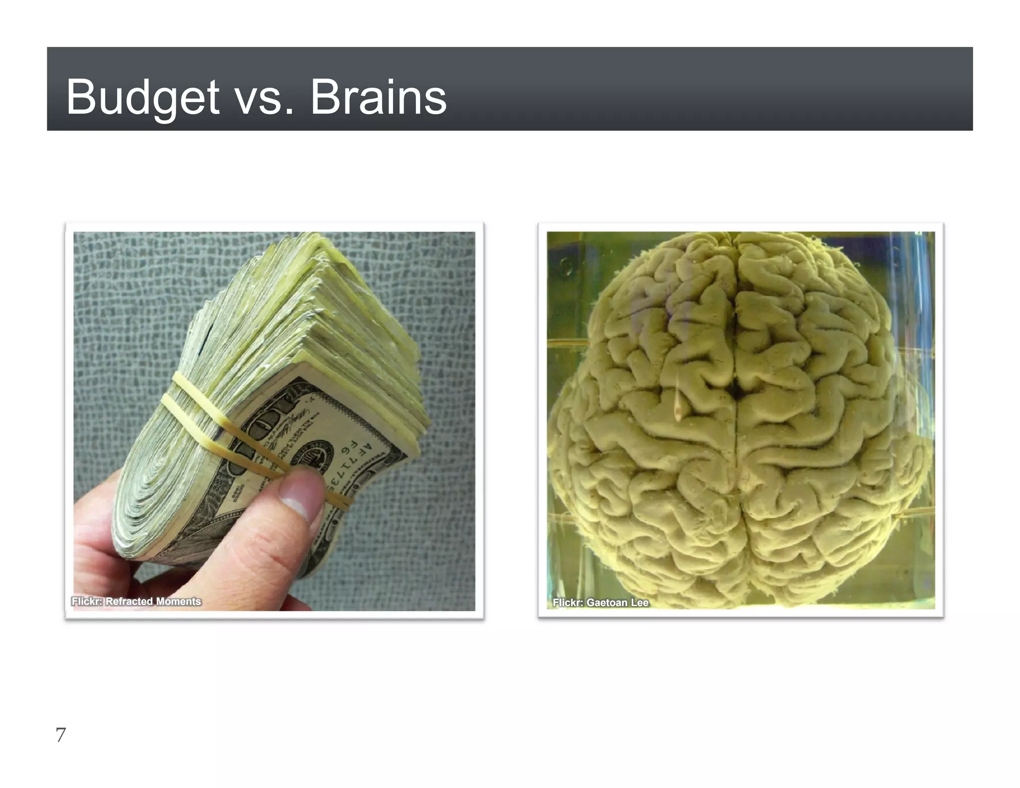 Budget vs. Brains




    Flickr: Refracted Moments   Flickr: Gaetoan Lee




7
 