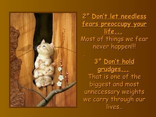 2°   Don’t let needless fears preoccupy your life...   Most of things we fear never happen!!! .  3°   Don’t hold grudges...   That is one of the biggest and most unnecessary weights we carry through our lives.. 