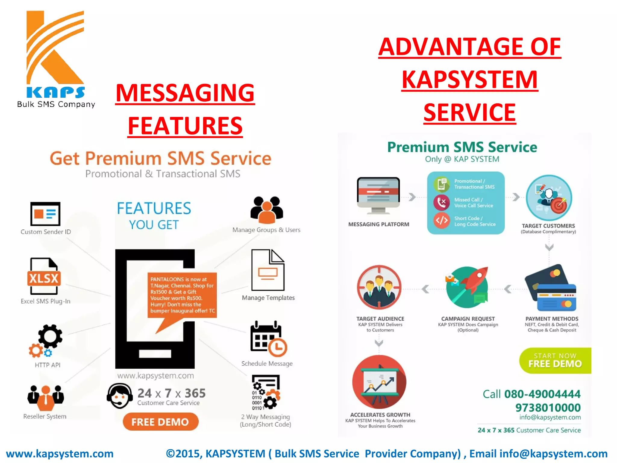 MESSAGING
FEATURES
www.kapsystem.com
ADVANTAGE OF
KAPSYSTEM
SERVICE
©2015, KAPSYSTEM ( Bulk SMS Service Provider Company) , Email info@kapsystem.com
 