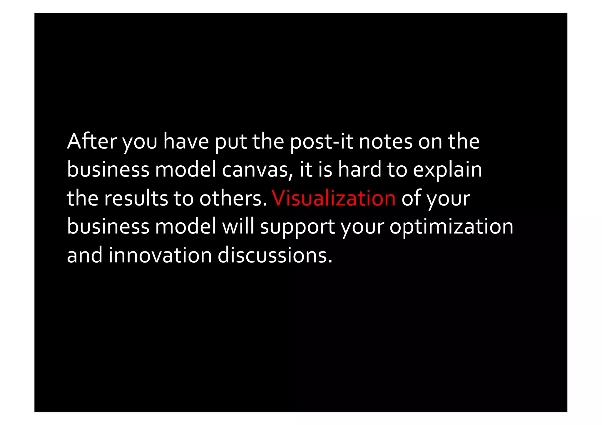 After	
  you	
  have	
  put	
  the	
  post-­‐it	
  notes	
  on	
  the	
  
business	
  model	
  canvas,	
  it	
  is	
  hard	
  to	
  explain	
  
the	
  results	
  to	
  others.	
  Visualization	
  of	
  your	
  
business	
  model	
  will	
  support	
  your	
  optimization	
  
and	
  innovation	
  discussions.	
  	
  
 