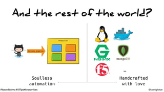 #VoxxedVienna #10TipsMicroservices @koenighotze
And the rest of the world?
Delivery pipeline
Production
…
Handcrafted
with love
Soulless
automation
 