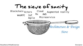#VoxxedVienna #10TipsMicroservices @koenighotze
The sieve of sanity
Agile
Rx
Microservice
Actors Augmented realityCloud
AWS
WebRTC IoT
Blockchain
Architecture & Design
Sieve
 