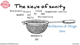 #VoxxedVienna #10TipsMicroservices @koenighotze
The sieve of sanity
JEE
WebSphere
Agile
Rx
Microservice
Actors Augmented realityCloud
AWS
WebRTC IoT
Blockchain
Architecture & Design
Sieve
 