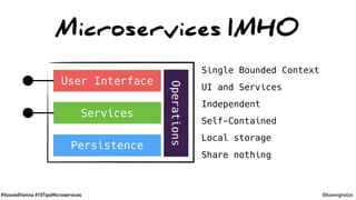 #VoxxedVienna #10TipsMicroservices @koenighotze
Microservices IMHO
Single Bounded Context
UI and Services
Independent
Self-Contained
Local storage
Share nothing
User Interface
Services
Persistence
Operations
 