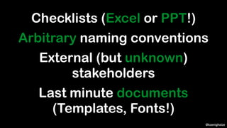@koenighotze
Checklists (Excel or PPT!)
Arbitrary naming conventions
External (but unknown)
stakeholders
Last minute docum...