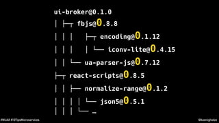 @koenighotze#WJAX #10TipsMicroservices
ui-broker@0.1.0
│ ├─┬ fbjs@0.8.8
│ │ │ ├─┬ encoding@0.1.12
│ │ │ │ └── iconv-lite@0.4.15
│ │ └── ua-parser-js@0.7.12
├─┬ react-scripts@0.8.5
│ │ ├── normalize-range@0.1.2
│ │ │ │ └── json5@0.5.1
│ │ │ └── …
 