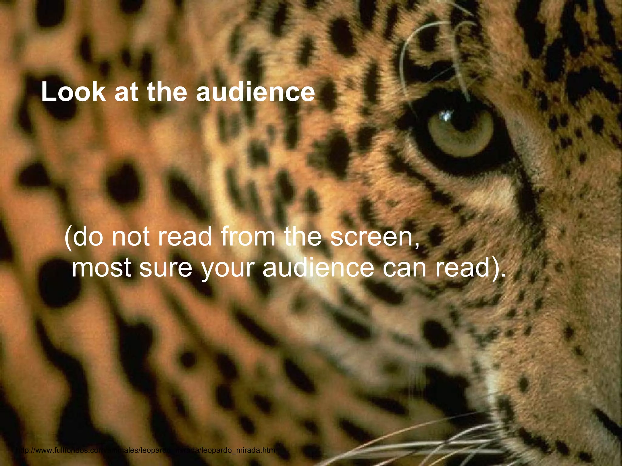 Look at the audience  (do not read from the screen,  most sure your audience can read). http://www.fullfondos.com/animales/leopardo_mirada/leopardo_mirada.htm 