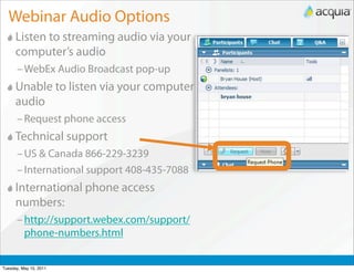Webinar Audio Options
      Listen to streaming audio via your
      computer’s audio
      – WebEx Audio Broadcast pop-up
      Unable to listen via your computer’s
      audio
      – Request phone access
      Technical support
      – US & Canada 866-229-3239
      – International support 408-435-7088
      International phone access
      numbers:
      – http://support.webex.com/support/
        phone-numbers.html


Tuesday, May 10, 2011
 