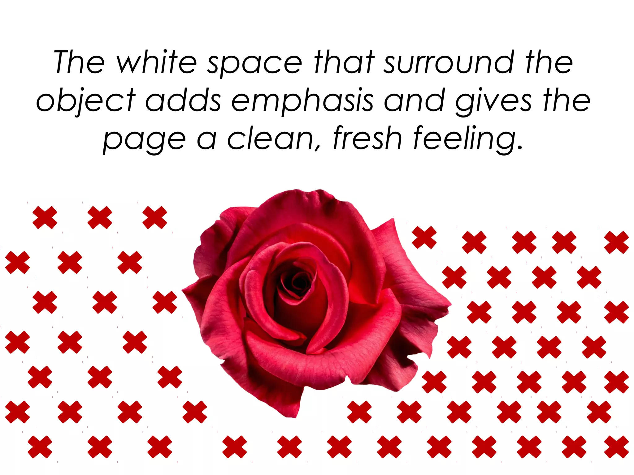 The white space that surround the
object adds emphasis and gives the
page a clean, fresh feeling.
 