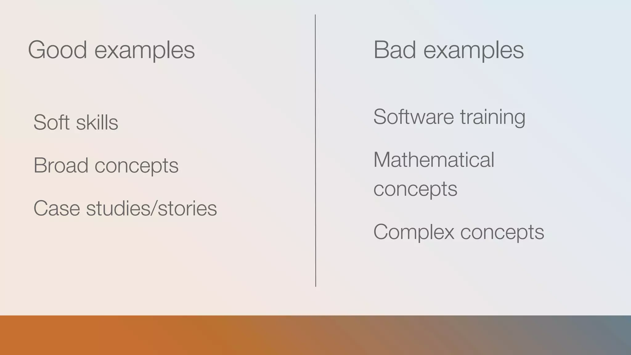 Good examples
Soft skills
Broad concepts
Case studies/stories
Bad examples
Software training
Mathematical
concepts
Complex concepts
 