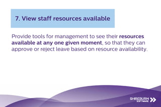 Provide tools for management to see their resources
available at any one given moment, so that they can
approve or reject leave based on resource availability.
7. View staff resources available
 