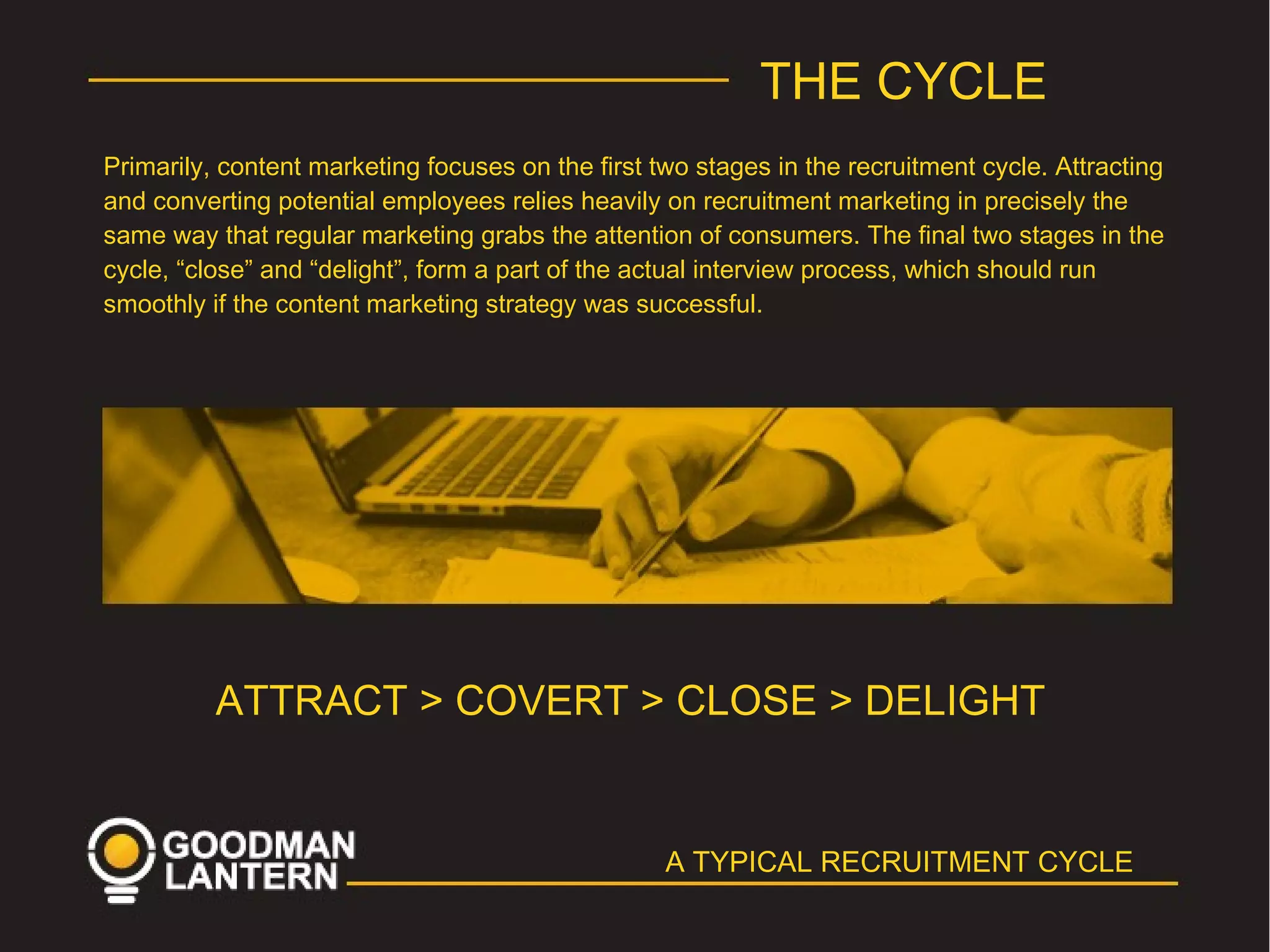 A TYPICAL RECRUITMENT CYCLE
THE CYCLE
Primarily, content marketing focuses on the first two stages in the recruitment cycle. Attracting
and converting potential employees relies heavily on recruitment marketing in precisely the
same way that regular marketing grabs the attention of consumers. The final two stages in the
cycle, “close” and “delight”, form a part of the actual interview process, which should run
smoothly if the content marketing strategy was successful.
ATTRACT > COVERT > CLOSE > DELIGHT
 