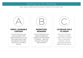 GREAT, SHARABLE
CONTENT
A
At a point where you as a
brand are ready to start
attracting followers, you must
have quality content ready
and waiting for them when
they land on your Official
Account.
Setting Up On WeChat
Basic steps to getting brand accounts started on the right track.
INCENTIVES,
REWARDS
B
Account following can be
rapidly accelerated by
providing incentives/rewards
to followers ...discounts,
exclusive content, gifts,
‘welcome letters.’
LEVERAGE KOLS
TO GROW
C
KOLs are an important
complement to quality
content. KOLs provide the
reach to help expand
audiences. They are
particularly important for
targeting “interest groups.”
 