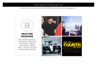 REALTIME
RESPONSE
B
More real-time response -
responding to news/trends
more quickly ...Fashion,
sports events, celebrity
news ...with focus on topics
matching brand character.
Increase Relevance
Explore the events/trends that TRIGGER audience action/engagement.
 