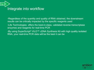 tip #9

         Integrate into workflow

         -Regardless of the quantity and quality of RNA obtained, the downstream
         results can be critically impacted by the specific reagents used.
         -Life Technologies offers the best-in-class, validated reverse transcriptase
         enzymes and reagents for real-time PCR.
         -By using SuperScript® VILO™ cDNA Synthesis Kit with high quality isolated
         RNA, your real-time PCR data will be the best it can be.
 
