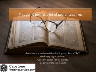 This company has a lot of guarantees like:
•Free assistance from friendly Support Team 24/7
•Delivery right in time
•Custom paper for all clients
•30 days of free revisions
 
