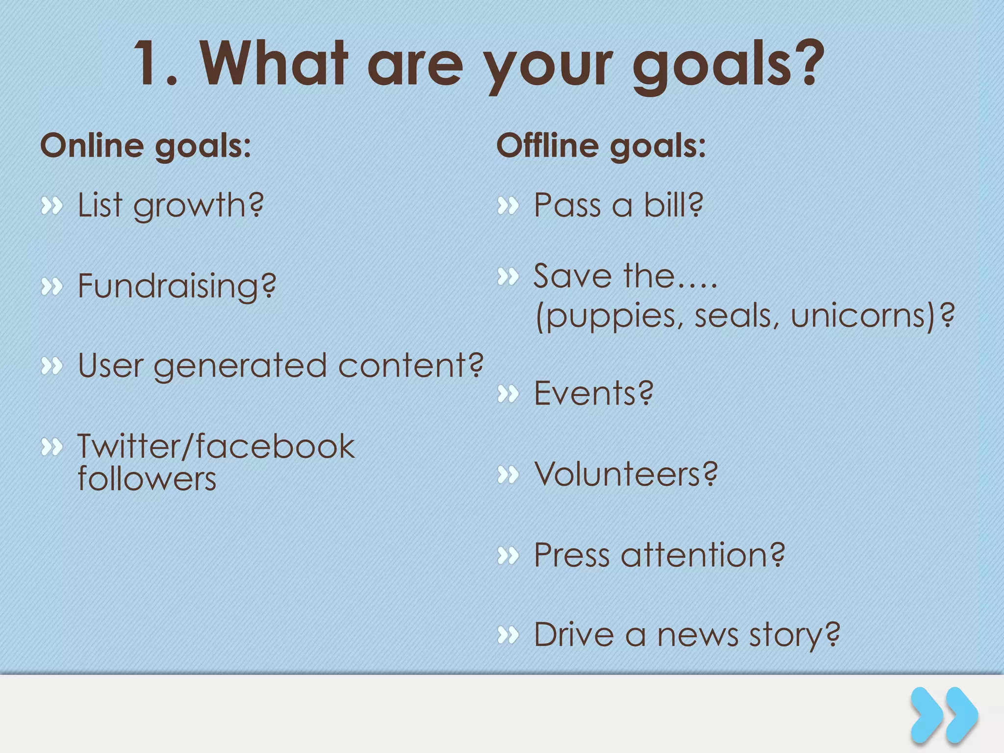 1. What are your goals?
Online goals:               Offline goals:
" List growth?              " Pass a bill?

" Fundraising?              " Save the….
                              (puppies, seals, unicorns)?
" User generated content?
                            " Events?
" Twitter/facebook
  followers                 " Volunteers?

                            " Press attention?

                            " Drive a news story?
 