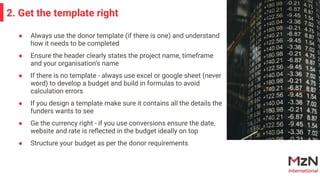 2. Get the template right
● Always use the donor template (if there is one) and understand
how it needs to be completed
● Ensure the header clearly states the project name, timeframe
and your organisation’s name
● If there is no template - always use excel or google sheet (never
word) to develop a budget and build in formulas to avoid
calculation errors
● If you design a template make sure it contains all the details the
funders wants to see
● Ge the currency right - if you use conversions ensure the date,
website and rate is reﬂected in the budget ideally on top
● Structure your budget as per the donor requirements
 