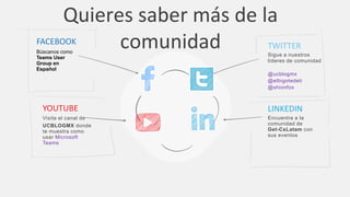 Quieres saber más de la
comunidad TWITTER
Sigue a nuestros
líderes de comunidad
@ucblogmx
@elbigotedeti
@shionfox
YOUTUBE
Visita el canal de
UCBLOGMX donde
te muestra como
usar Microsoft
Teams
FACEBOOK
Búscanos como
Teams User
Group en
Español
LINKEDIN
Encuentra a la
comunidad de
Get-CsLatam con
sus eventos
 