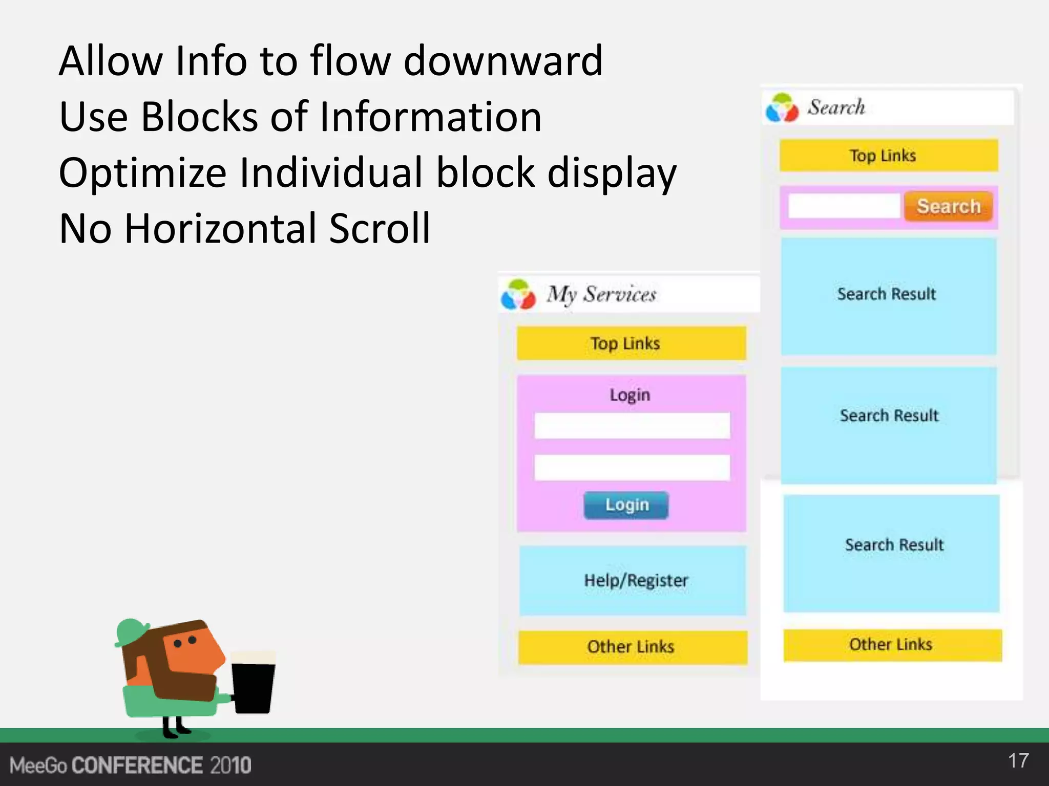 17
Allow Info to flow downward
Use Blocks of Information
Optimize Individual block display
No Horizontal Scroll
 