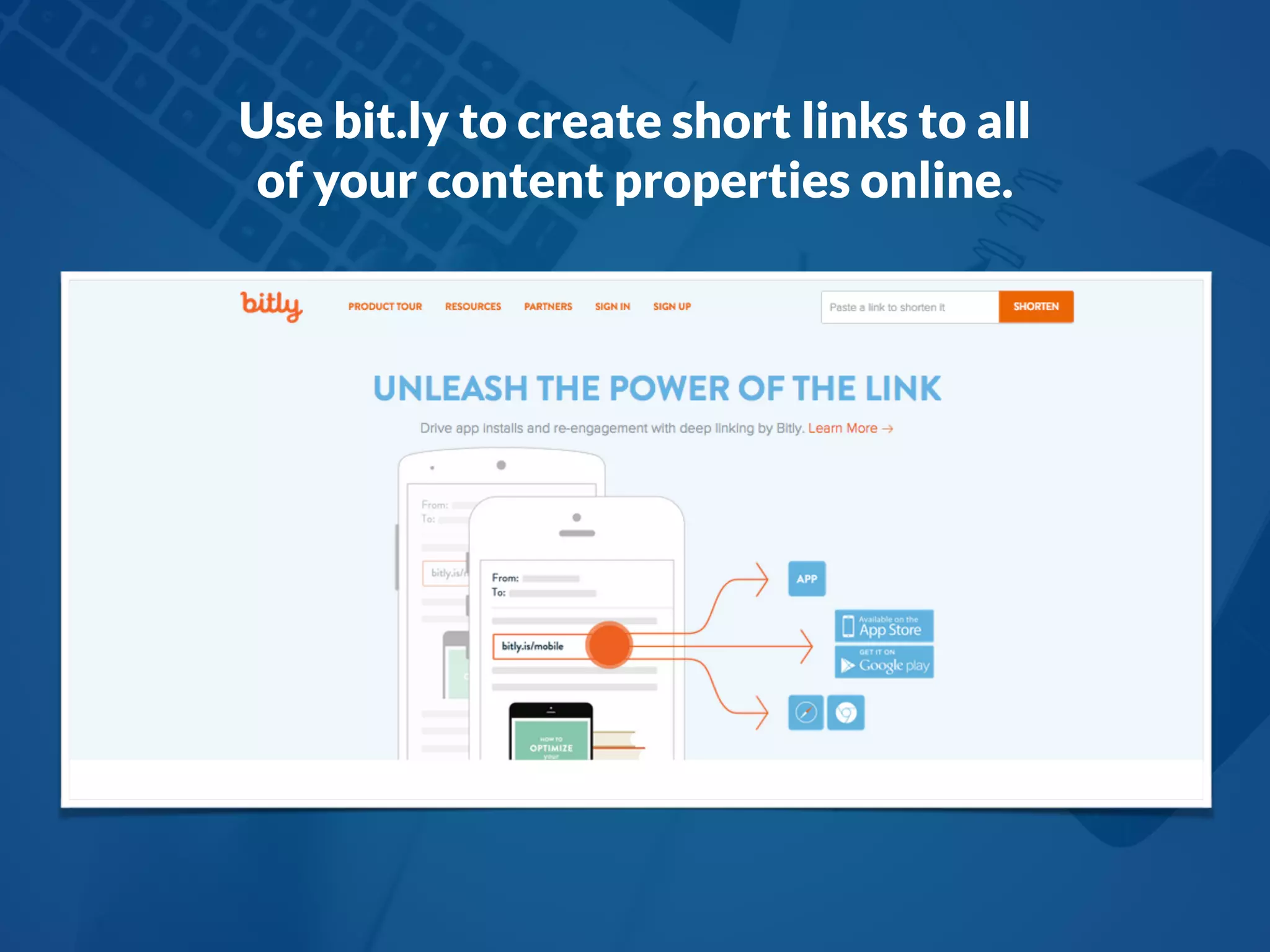 Use bit.ly to create short links to all
of your content properties online.
 