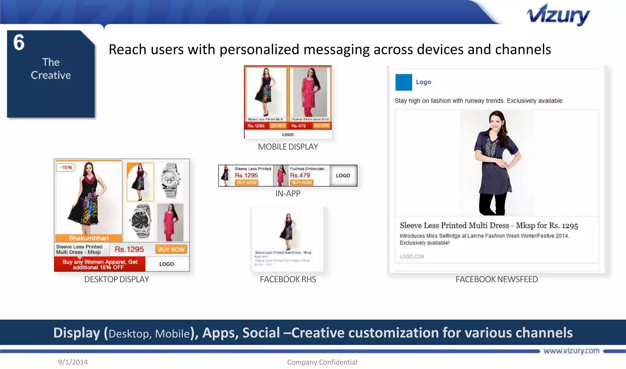 Reach users with personalized messaging across devices and channels 
DESKTOP DISPLAY 
MOBILE DISPLAY 
IN-APP 
Display (Desktop, Mobile), Apps, Social –Creative customization for various channels 
9/1/2014 Company Confidential 
FACEBOOK NEWSFEED 
FACEBOOK RHS 
 