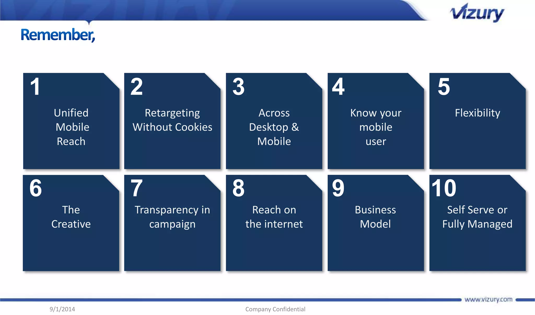 2 
Retargeting 
Without Cookies 
3 
Across 
Desktop & 
Mobile 
9/1/2014 Company Confidential 
4 
Know your 
mobile 
user 
5 
Flexibility 
6 
The 
Creative 
7 
Transparency in 
campaign 
8 
Reach on 
the internet 
9 
Business 
Model 
10 
Self Serve or 
Fully Managed 
1 
Unified 
Mobile 
Reach 
 