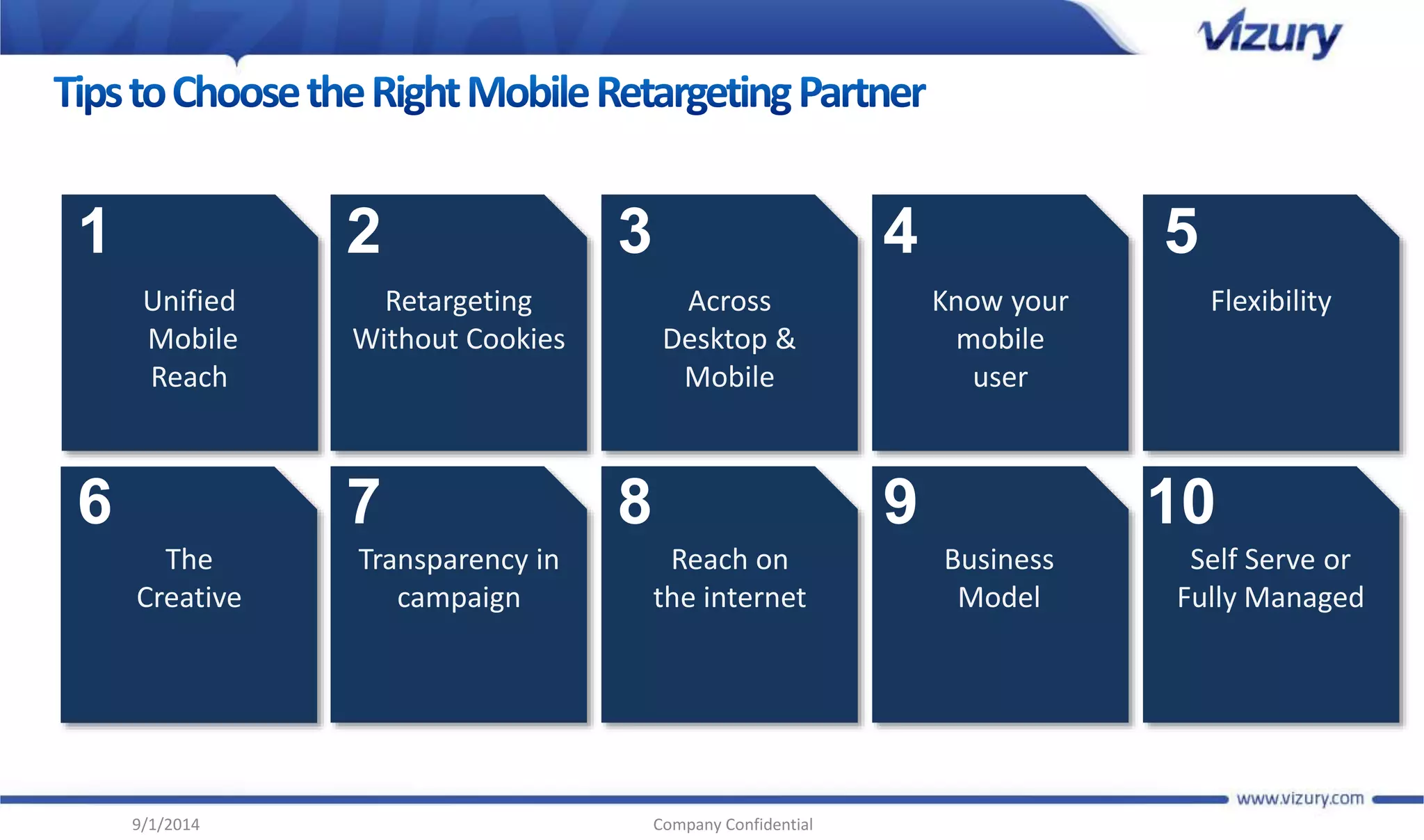 2 
Retargeting 
Without Cookies 
3 
Across 
Desktop & 
Mobile 
9/1/2014 Company Confidential 
4 
Know your 
mobile 
user 
5 
Flexibility 
6 
The 
Creative 
7 
Transparency in 
campaign 
8 
Reach on 
the internet 
9 
Business 
Model 
10 
Self Serve or 
Fully Managed 
1 
Unified 
Mobile 
Reach 
 