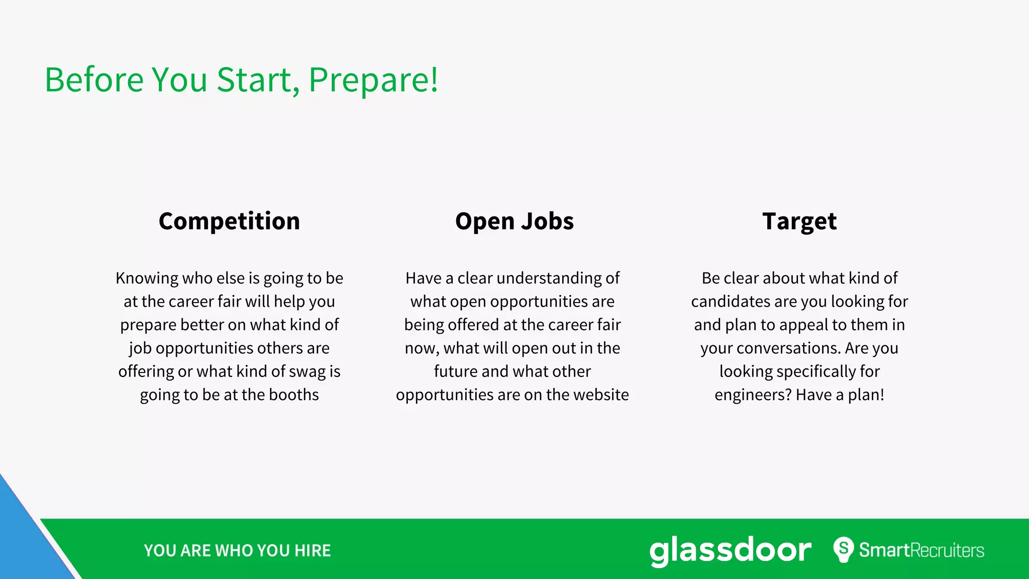 Before You Start, Prepare!
Competition Open Jobs Target
Knowing who else is going to be
at the career fair will help you
prepare better on what kind of
job opportunities others are
offering or what kind of swag is
going to be at the booths
Have a clear understanding of
what open opportunities are
being offered at the career fair
now, what will open out in the
future and what other
opportunities are on the website
Be clear about what kind of
candidates are you looking for
and plan to appeal to them in
your conversations. Are you
looking specifically for
engineers? Have a plan!
 