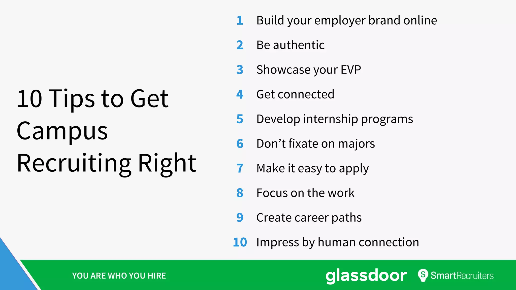 1 Build your employer brand online
2 Be authentic
3 Showcase your EVP
4 Get connected
5 Develop internship programs
6 Don’t fixate on majors
7 Make it easy to apply
8 Focus on the work
9 Create career paths
10 Impress by human connection
10 Tips to Get
Campus
Recruiting Right
 