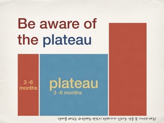 Be aware of
the plateau
plateau3 -6
months
3 -6 months
영어를 배우는 과정에는 반드시 정체기가 있다는 것을 꼭 기억하세요!
 