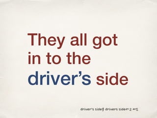 They all got
in to the
driver’s side
driver’s side를 drivers side라고 써도
 