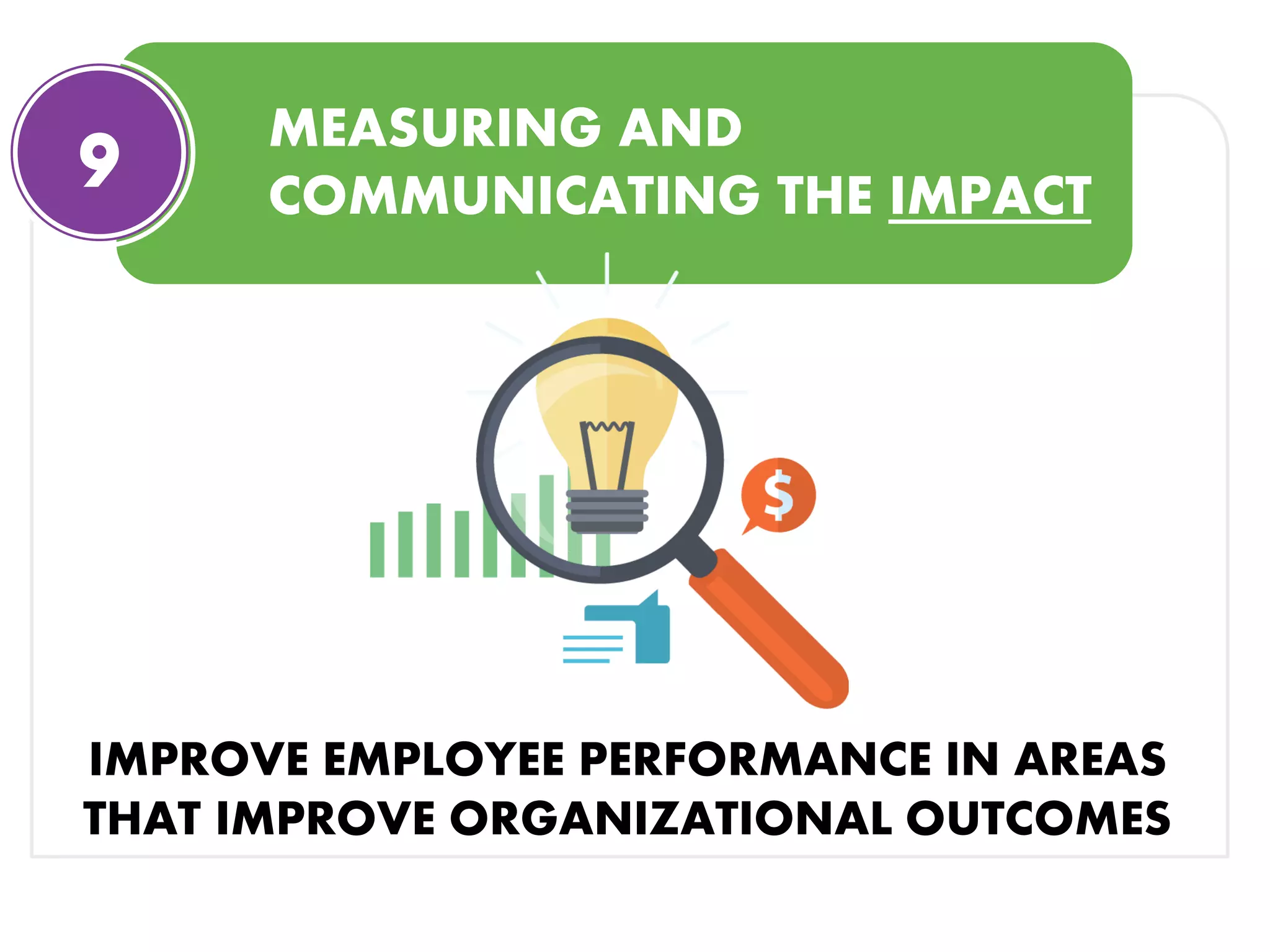 MEASURING AND
COMMUNICATING THE IMPACT
IMPROVE EMPLOYEE PERFORMANCE IN AREAS
THAT IMPROVE ORGANIZATIONAL OUTCOMES
9
 