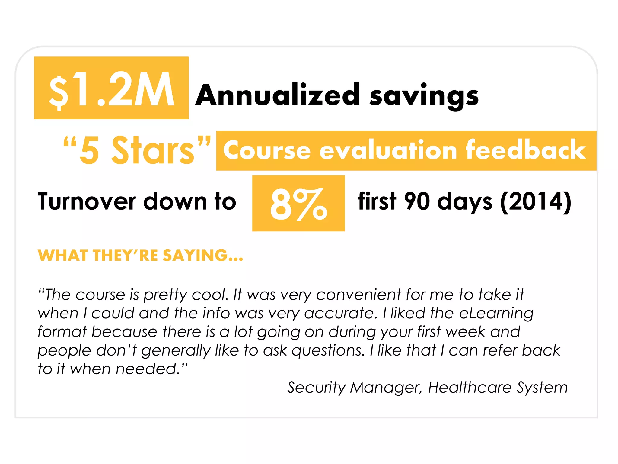 WHAT THEY’RE SAYING…
“The course is pretty cool. It was very convenient for me to take it
when I could and the info was very accurate. I liked the eLearning
format because there is a lot going on during your first week and
people don’t generally like to ask questions. I like that I can refer back
to it when needed.”
Security Manager, Healthcare System
Annualized savings
Turnover down to first 90 days (2014)
$1.2M
8%
“5 Stars” Course evaluation feedback
 