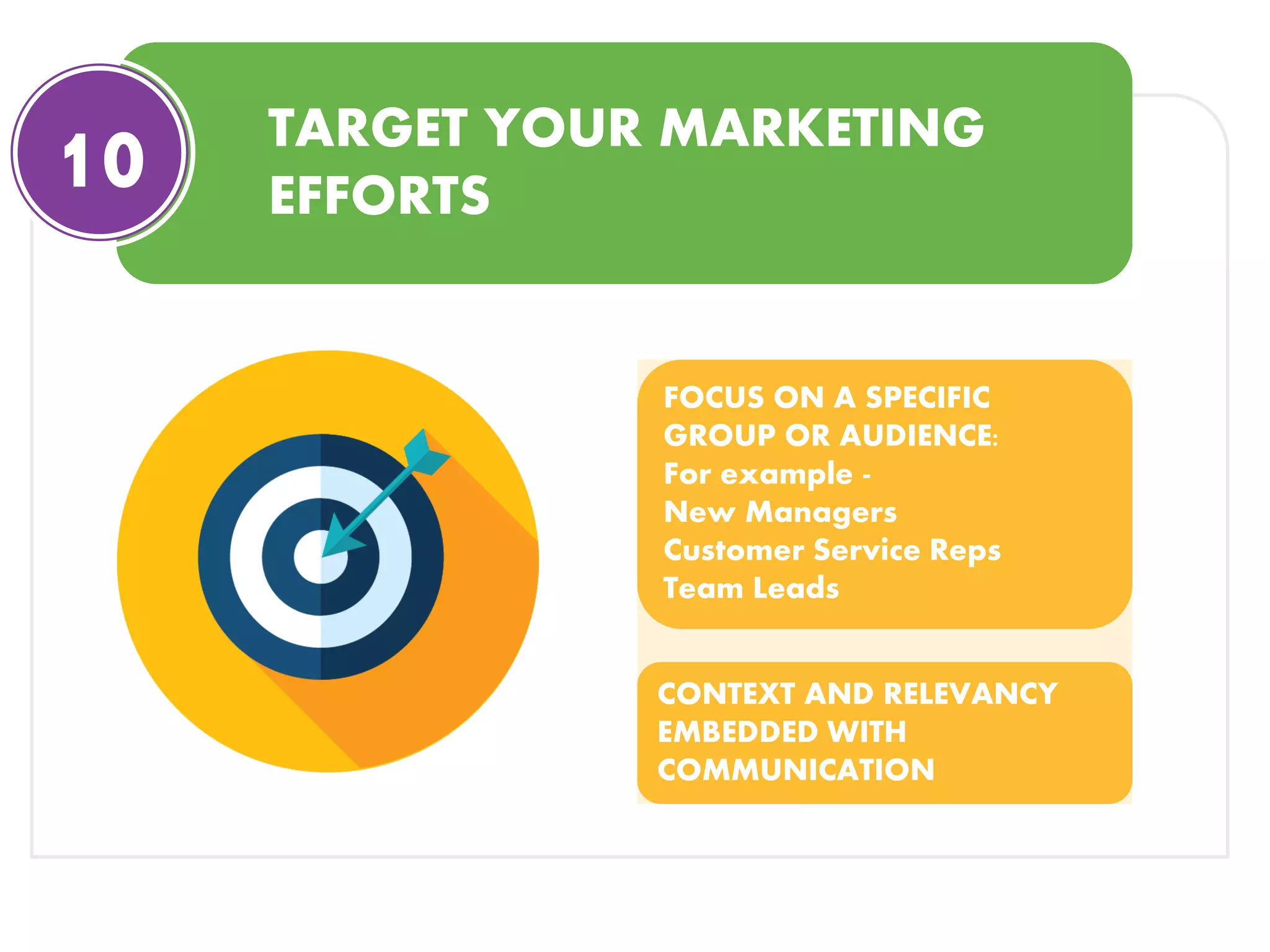 TARGET YOUR MARKETING
EFFORTS
FOCUS ON A SPECIFIC
GROUP OR AUDIENCE:
For example -
New Managers
Customer Service Reps
Team Leads
CONTEXT AND RELEVANCY
EMBEDDED WITH
COMMUNICATION
10
 