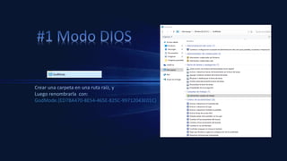 Crear una carpeta en una ruta raíz, y
Luego renombrarla con:
GodMode.{ED7BA470-8E54-465E-825C-99712043E01C}
 