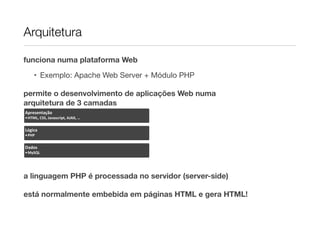 Arquitetura

funciona numa plataforma Web

      • Exemplo: Apache Web Server + Módulo PHP

permite o desenvolvimento de aplicações Web numa
arquitetura de 3 camadas
Apresentação
• HTML,	
  CSS,	
  Javascript,	
  AJAX,	
  …

Lógica
• PHP

Dados
• MySQL




a linguagem PHP é processada no servidor (server-side)

está normalmente embebida em páginas HTML e gera HTML!
 