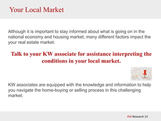 Your Local Market

Although it is important to stay informed about what is going on in the
national economy and housing market, many different factors impact the
your real estate market.

 Talk to your KW associate for assistance interpreting the
             conditions in your local market.



KW associates are equipped with the knowledge and information to help
you navigate the home-buying or selling process in this challenging
market.



                                                           KW Research 13
 