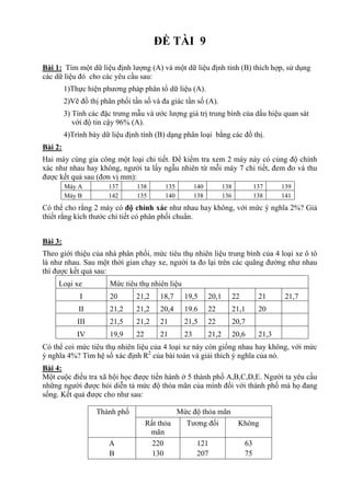 ĐỀ TÀI 9
Bài 1: Tìm một dữ liệu định lượng (A) và một dữ liệu định tính (B) thích hợp, sử dụng
các dữ liệu đó cho các yêu cầu sau:
1)Thực hiện phương pháp phân tổ dữ liệu (A).
2)Vẽ đồ thị phân phối tần số và đa giác tần số (A).
3) Tính các đặc trưng mẫu và ước lượng giá trị trung bình của dấu hiệu quan sát
với độ tin cậy 96% (A).
4)Trình bày dữ liệu định tính (B) dạng phân loại bằng các đồ thị.
Bài 2:
Hai máy cùng gia công một loại chi tiết. Để kiểm tra xem 2 máy này có củng độ chính
xác như nhau hay không, người ta lấy ngẫu nhiên từ mỗi máy 7 chi tiết, đem đo và thu
được kết quả sau (đơn vị mm):
Máy A 137 138 135 140 138 137 139
Máy B 142 135 140 138 136 138 141
Có thể cho rằng 2 máy có độ chính xác như nhau hay không, với mức ý nghĩa 2%? Giả
thiết rằng kích thước chi tiết có phân phối chuẩn.
Bài 3:
Theo giới thiệu của nhà phân phối, mức tiêu thụ nhiên liệu trung bình của 4 loại xe ô tô
là như nhau. Sau một thời gian chạy xe, người ta đo lại trên các quãng đường như nhau
thì được kết quả sau:
Loại xe Mức tiêu thụ nhiên liệu
I 20 21,2 18,7 19,5 20,1 22 21 21,7
II 21,2 21,2 20,4 19.6 22 21,1 20
III 21,5 21,2 21 21,5 22 20,7
IV 19,9 22 21 23 21,2 20,6 21,3
Có thể coi mức tiêu thụ nhiên liệu của 4 loại xe này còn giống nhau hay không, với mức
ý nghĩa 4%? Tìm hệ số xác định R2
của bài toán và giải thích ý nghĩa của nó.
Bài 4:
Một cuộc điều tra xã hội học được tiến hành ở 5 thành phố A,B,C,D,E. Người ta yêu cầu
những người được hỏi diễn tả mức độ thỏa mãn của mình đối với thành phố mà họ đang
sống. Kết quả được cho như sau:
Thành phố Mức độ thỏa mãn
Rất thỏa
mãn
Tương đối Không
A
B
220
130
121
207
63
75
 