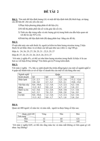 ĐỀ TÀI 2
Bài 1: Tìm một dữ liệu định lượng (A) và một dữ liệu định tính (B) thích hợp, sử dụng
các dữ liệu đó cho các yêu cầu sau:
1)Thực hiện phương pháp phân tổ dữ liệu (A).
2)Vẽ đồ thị phân phối tần số và đa giác tần số (A).
3) Tính các đặc trưng mẫu và ước lượng giá trị trung bình của dấu hiệu quan sát
với độ tin cậy 92% (A).
4)Trình bày dữ liệu định tính (B) dạng phân loại bằng các đồ thị.
Bài 2:
Ở một nhà máy sản suất thuốc lá, người ta kiểm tra hàm lượng nicotine trong 2 hiệu
thuốc lá sợi khác nhau và có được các kết quả như sau ( đơn vị: mg/100 g).
Hiệu A: 24; 26; 25; 27; 28; 25; 21 ; 22,5; 25; 27
Hiệu B: 27; 24; 25; 23; 26; 24.5; 26; 25.5; 27
Với mức ý nghĩa 4%, có thể coi như hàm lượng nicotine trong thuốc lá hiệu A là cao
hơn so với hiệu B hay không? Tìm thêm giá trị P trong kiểm định.
Bài 3:
Với mức ý nghĩa 1%, hãy so sánh doanh thu (triệu đồng/ngày) của một số ngành nghề ở
4 quận nội thành trên cơ sở số liệu về doanh thu của một số cửa hàng như sau:
Ngành nghề
Kinh doanh
Quận
Q1 Q2 Q3 Q4
Điện lạnh 2,5 ; 2,7;
2,0 ; 3,0
3,1 ; 3,5;
2,7 ; 3,2
2,2 ; 2,0;
9,5 ; 2,1
11,2 ; 12,0;
19,8 ; 15,8
Vật liệu xây
dựng
0,6 ; 10,4;
11,2 ; 8,3
1,2 ; 1,0;
9,8 ; 1,8
3,3 ; 2,3;
6,7 ; 1,9
4,2 ; 1,0;
3,8 ; 2,5
Dịch vụ tin
học
4,2 ; 5,0;
6,2 ; 3,3
3,2 ; 2,0;
7,8 ; 2,5
0,4 ; 3,0;
9,8 ; 2,8
3,1 ; 1,0;
3,6 ; 3,9
Cơ khí 0,6 ; 10,4;
11,3 ; 8,2
1,2 ; 1,0;
9,8 ; 1,7
3,3 ; 2,3;
6,7 ; 1,8
4,2 ; 1,0;
3,8 ; 2,4
Bài 4:
Quan sát 400 người về màu tóc và màu mắt, người ta được bảng số liệu sau:
Hoàn cảnh GĐ
Tình trạng
Vàng Nâu Đen
Đen 12 65 121
Nâu 38 59 105
Với mức ý nghĩa 0,05, có thể cho rằng màu tóc và màu mắt không có liên quan gì với
nhau hay không?
 